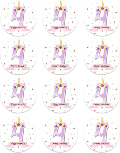 DW4Trading Sticker Happy Birthday Eenhoorn 4 Jaar - Ø 4,5 cm - 12 Stuks - Paars
