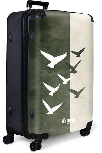 NoBoringSuitcases.com® - Koffer groot - Reiskoffer lichtgewicht - Vogels met groene en beige achtergrond - Rolkoffer met 4 wielen - Grote trolley XL - 98 liter bagage
