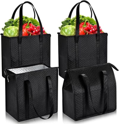 Geïsoleerde draagtas - Geïsoleerde Koeltas – Koeltas– Gecoat Aluminiumfolie – Draagbaar & Opvouwbaar – Duurzaam– Herbruikbaar – Lichtgewicht - Voor Boodschappen, Picknick, Barbecue – 30x33x18 cm - 4 Stuks – Zwart