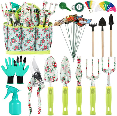 Unyqoos ® Tuingereedschap Set van 17 Stuks met Stijlvolle Bloemenprint en Handige Opbergtas