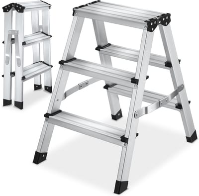 tectake® Dubbelzijdige Aluminium Keukentrap - 3 Treden - 58 cm - Stevige Trap Ladder - Opklapbaar Opstapje - Antislip Huishoudtrap