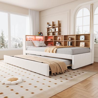 Pugsdrly Slaapbank 90*200, uitschuifbed 90*190, uitgerust met ledlampen, stopcontacten en talrijke opbergvakken, gestoffeerd bed, multifunctionele slaapbank, eenpersoonsbed, flanel, beige.