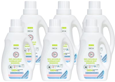 INCIA 100% Natuurlijke Vloeibaar Wasmiddel Jaarbox - 6x 750 ML - Parfumvrij - Geschikt voor Alle Was - Vegan - 150 Wasbeurten