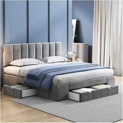 Merax Volwassen bed met 4 lades en hoofdeinde - 160 x 200 cm - fluweel - lattenbodem - grijze kleur