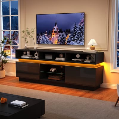 TV-Meubel - 160x35x60 cm - Lowboard Met LED + Glasplank - Hoogglans Voor 60-Inch TV - MDF - Zwart