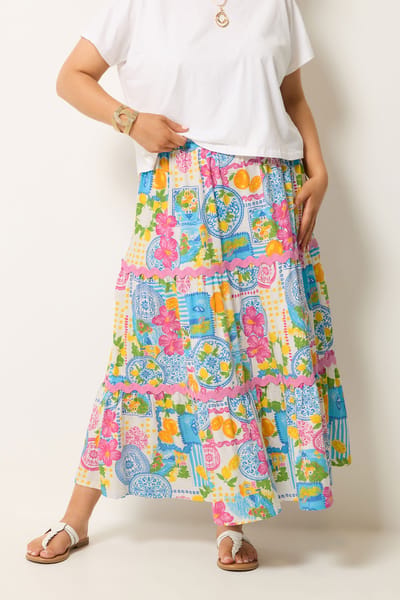 Yours Maxirok Met Witte Tegelprint En Gelaagde Stof Size 38