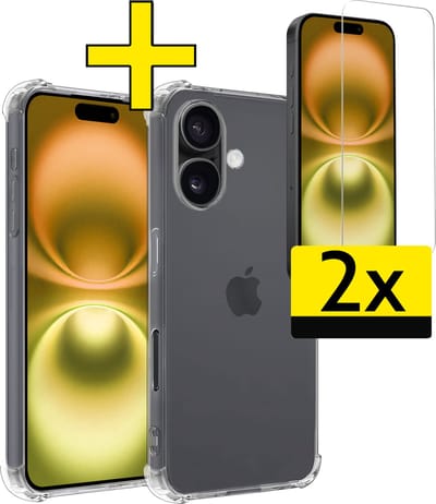 Hoesje - Met Screenprotector - 2 Stuks - Geschikt voor Apple iPhone 16 Plus - Sterk & Shockproof - Siliconen Case - Back Cover - Telefoon Hoes - Shock Proof - Telefoonhoesjes - Transparant
