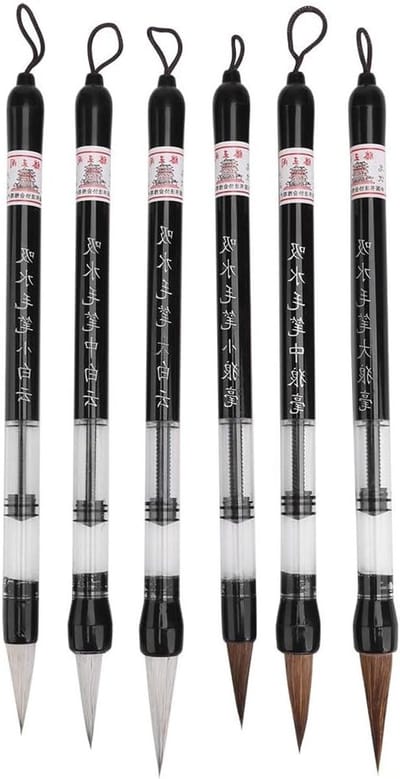 Set van 6 Waterkwasten voor Chinese en Japanse Calligrafie - Ideaal voor Waterwriting en Oefeningen op Water Schrijfdoek