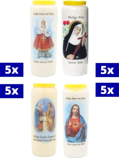 Assortiment noveenkaarsen - 20 9-dagenbranders - 5x Heilige Rita - 5x Heilige Familie - 5x Kindje Jezus - 5x Heilig hart Jezus