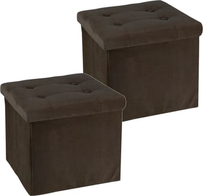 H&S Collection Poef/hocker/krukje - 2x - opbergbox - donkerbruin - fluweel polyester - 38 x 38 cm