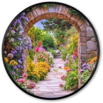 Poster in lijst Rond - Fotolijst 60x60 cm - Posters - Doorkijk - Bloemen - Pad - Natuur - Ronde posterlijst zwart - Decoratie - Wanddecoratie woonkamer - Muurdecoratie slaapkamer