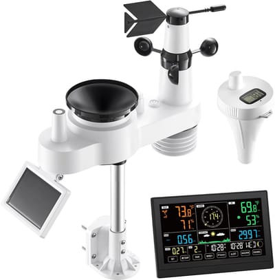 7-in-1 WIFI-Weerstation met App, 7,5-inch Scherm, Zonne-Energie Buitensensor, Inclusief Zwembadthermometer, Regenmeter, Weerstation voor Voorspellingen, Windsnelheid en Watertemperatuur