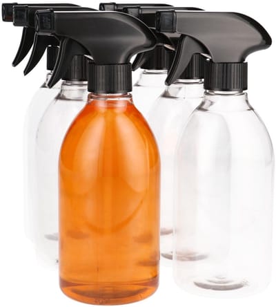6 x 500 ml Ronde fles 100% gerecycled PET transparant met zwarte trigger spraypomp- Gerecycled PET - tot 60% minder Co2 uitstoot - 6 stuks