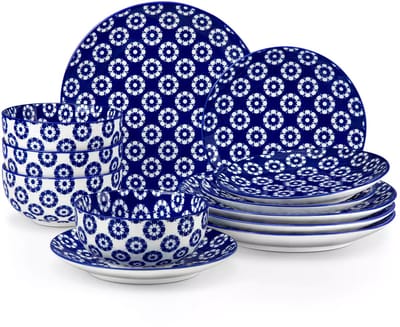 Serviesset - 4 Persoons Servies - Porselein - Dinerborden - Dessertborden - Ontbijtkommen - 12-delige Set - Blauw - Wit - Daisy