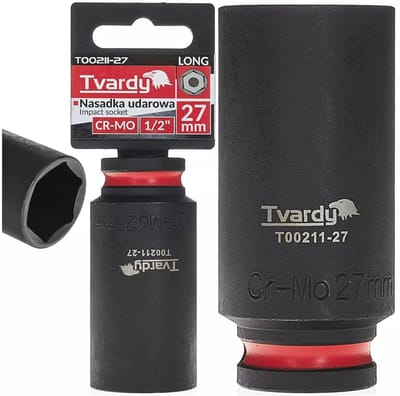 Tvardy Slagdop lang 27 mm zeskant - chroom-molybdeenstaal - aandrijving 12,7 mm - voor diepliggende bouten en moeren - slagmoersleutel, auto en industrie - zwart