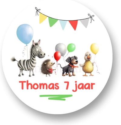 Traktatiestickers Dieren met Ballonnen – Gepersonaliseerd met naam en leeftijd – 4 cm – 25 stuks- Sluitstickers - Kinderfeest Traktatie - Uitdelen - Uitdeeltraktatie - Traktatiestickers Pimp Studio