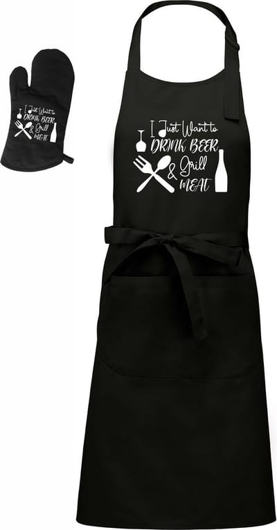 Luxe BBQ- en keukenschort - tesktschort - I just want beer and Grill - 76 x 90 cm - verstelbaar en voorvak - met barbecue handschoen - one size - zwart