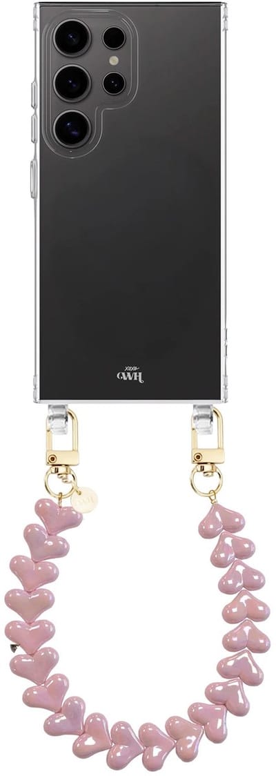 xoxo Wildhearts siliconen hoesje geschikt voor Samsung Galaxy S26 Ultra hoesje - Funky Hearts (Pink Metallic) - Telefoonhoesje - Hoesje met koord - Metallic roze koord - kort telefoonkoord - Hartjes ketting - Transparant hoesje