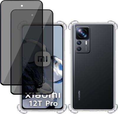 Hoesje + 2x Privé Screenprotector geschikt voor Xiaomi 12T Pro – Privacy Tempered Glass - Case Transparant