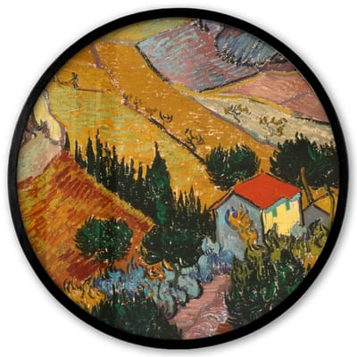 Poster in lijst Rond - Fotolijst 40x40 cm - Posters - Landschap met een huis en een ploeger - Vincent van Gogh - Ronde posterlijst zwart - Decoratie - Wanddecoratie woonkamer - Muurdecoratie slaapkamer