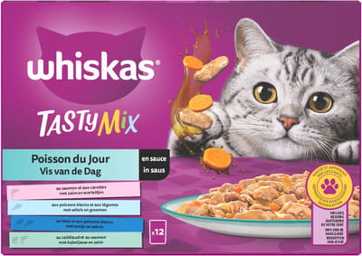 2x Whiskas 1+ Tasty mix vis van de dag in saus- maaltijdzakjes 12 x 85 g