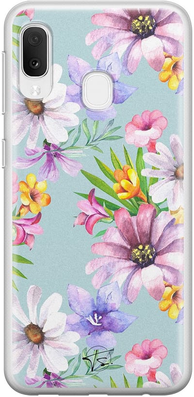Hoesje geschikt voor Samsung Galaxy A20e - Mint bloemen - Soft Case - TPU - Bloemen - Blauw - Mooie Telefoonhoesjes