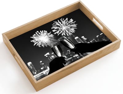 Dienblad hout 40x30 cm - Schootdienblad - Vuurwerk - Proosten - Skyline - Champagne - Borrelplank rechthoek - Plateau dienbladen