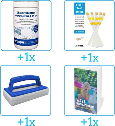 Zwembad Onderhoudspakket - Onderhoud Zwembad - bevat Chloor - Testrips - Scrubborstel en Zwembadgids (4-delig)
