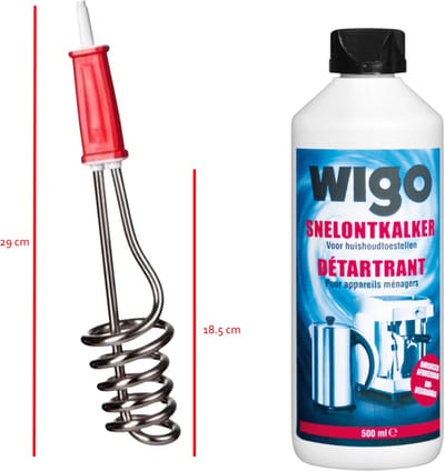 WIGO TS104 Dompelaar 1000W – Elektrische Waterverwarmer / Dompelverwarming + WIGO Snelontkalker 500 ml - Camping waterwarmer - Reis dompelaar