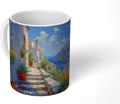 Mok - Koffiemok - Trap - Huizen - Berglandschap - Zee - Mokken - 350 ML - Beker - Koffiemokken - Theemok