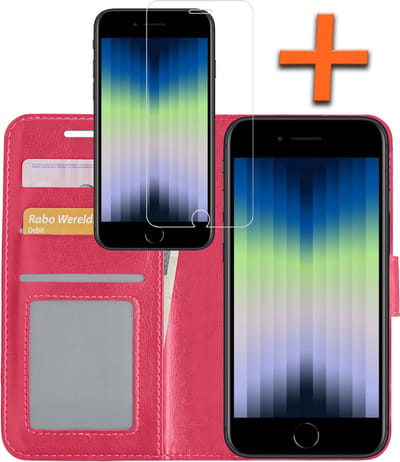Hoes - Met Screenprotector - Geschikt voor Apple iPhone SE (2022) - Luxe Pasjeshouder - Bookcase Portemonee - Flip Case - Kunstleer Book Case - Flipcase - Book Cover - Walletcase - PortemonneeHoes - Donkerroze
