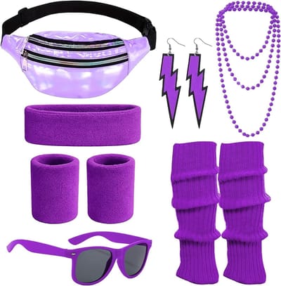 Kostuum voor dames in jaren '80 stijl met accessoires zoals hoofdband, armbanden en beenwarmers voor carnaval en neon feestjes