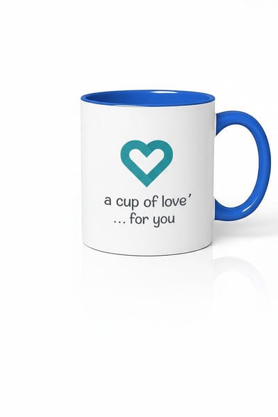 Liefdes Mok "A Cup of Love" Hart Design - Wit met Blauwe Binnenkant & Oor