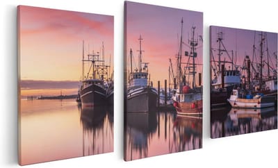 Artaza Canvas Schilderij Drieluik Schepen in de Haven - Boten - 120x60 - Foto Op Canvas - Canvas Print