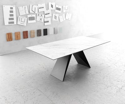 Eettafel Edge Laminam® keramiek wit 200x100cm V-middenvoet zwart