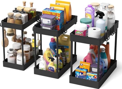 Famanu - Onder de wastafel kast organizer set van 3, spoelkast organizer rek voor badkamer en keuken, zwart, ruimtebesparend opbergsysteem