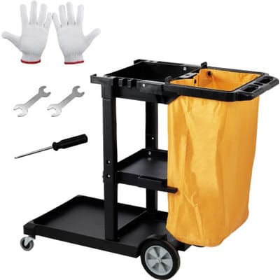 VEVOR Schoonmaakkar met 3 compartimenten, Hygiënekar Schoonmaakkar 90,7 kg laadvermogen, Zwarte PP Mopwagen Systeemkar inclusief PVC vuilniszak en handschoenen, Geschikt voor kantoren, winkelcentra, hotels