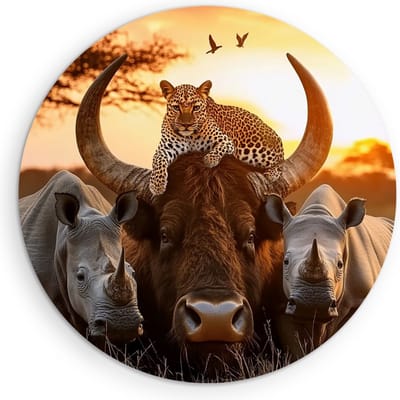 Saammp Muurcirkel Hout - Buffel met neushoorns en panter - Dieren - Abstract - Ø 90 - Wandcirkel - Wanddecoratie Cirkel - Muurdecoratie Woonkamer - Slaapkamer decoratie - Rond Schilderij