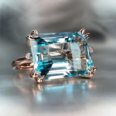 Huitan Solitaire 4 Klauw Hemelsblauw Bandring voor Vrouwen Romantische Roségoud Kleur Horizontaal Rechthoekige Vorm Mode Meisjes Ringen 6&ROSE GOLD COLOR