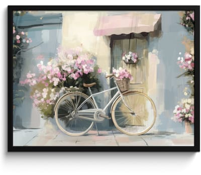 Poster in lijst - Fotolijst 70x50 cm - Posters - Fiets - Pastelkleuren - Bloemen - Posterlijst zwart - Decoratie - Wanddecoratie woonkamer - Muurdecoratie slaapkamer