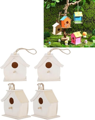 Mini houten vogelhuisjes - 4 stuks, hangende vogelhuis ornamenten voor tuin, balkon en binnenplaats