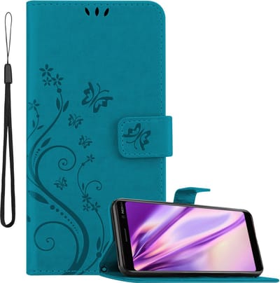 Cadorabo Hoesje geschikt voor Nokia 7 PLUS in BLOEMEN BLAUW - Beschermhoes in bloemmotief met magnetische sluiting, standfunctie en kaartsleuven Book Case Cover Etui
