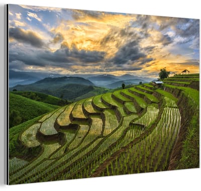 Aluminium schilderij 180x120 cm - Wanddecoratie metaal - Een prachtig wolkenveld boven de rijstvelden van Thailand - Metalen muurdecoratie woonkamer - Decoratie industrieel - Foto op dibond - Industriële accessoires slaapkamer
