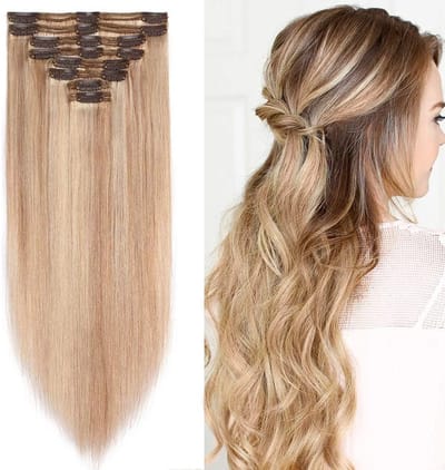 Clip in Extensions van Echthaar - Dubbellaags Haarstuk, Hittebestendig, Glad, Honingblond #18p613, 20" (50cm), 150g, Perfect voor Volumineus Haar