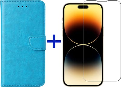 iPhone 14 Pro Max hoesje bookcase met pasjeshouder + screenprotector voor iPhone 14 Pro Max - Turquoise