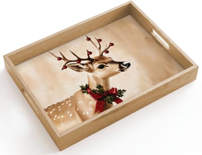 Dienblad hout 40x30 cm - Schootdienblad - Gewei - Kerst - Rendier - Rood - Borrelplank rechthoek - Plateau dienbladen