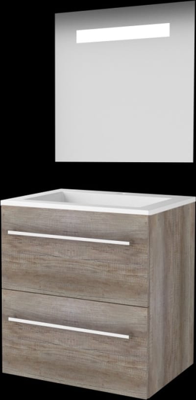 Basic-Line Economic 46 Badkamermeubelset - 60 x 46 cm - Met Grepen - 2 Lades - Acryl Wastafel - 1 Kraangat - Spiegel met LED Verlichting - Scotch Oak