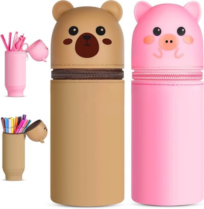 Siliconen Pennen Etui Set voor Jongens en Meisjes, 2-in-1 Kawaii Design, Perfect voor Schoolbenodigdheden, Roze en Bruin