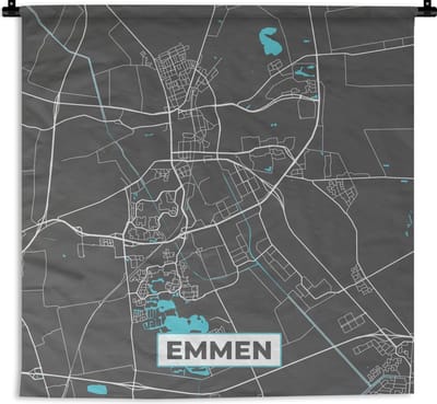 Wandkleed - Wanddoek - Plattegrond - Emmen - Grijs - Blauw - 60x60 cm - Wandtapijt - Stadskaart