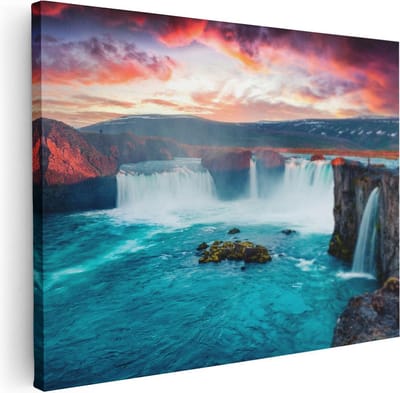 Artaza Canvas Schilderij Landschap - 40x30 cm - Klein - Wanddecoratie Bergen - Muurdecoratie Zonsondergang - Kamer Accessoires Waterval